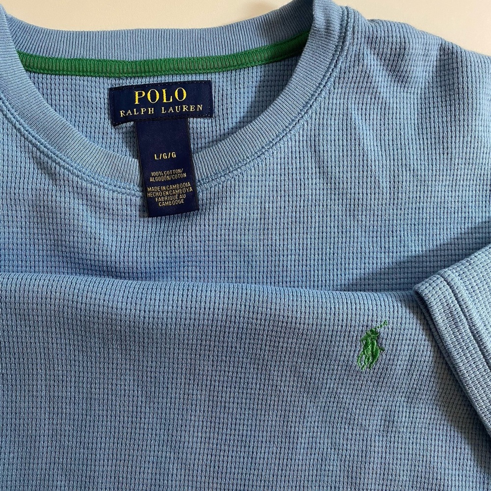 Polo Ralph Lauren Waffle Thermal Knit T-Shirt Blue Short Sleeve Men Large Pony